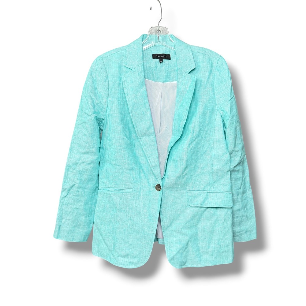 Talbots Herringbone Linen Blazer Women‎ Turquoise Single Button Coastal Size 8